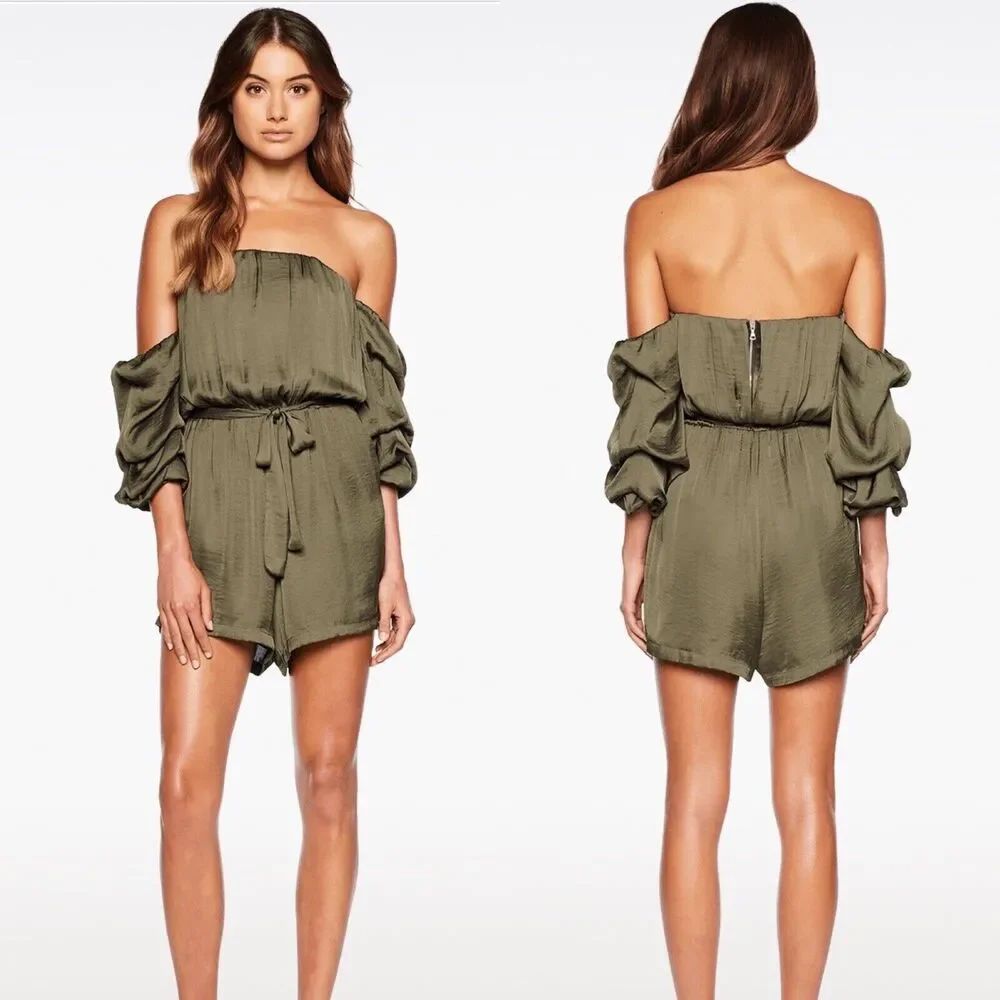 BARDOT Women 4 Caught Sleeve Romper Khaki Green Off Shoulder Playsuit Ruched NEW